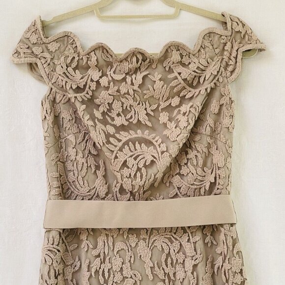 Tadashi Shoji Womens 6 Taupe Embroidered Lace Maxi Evening Dress Gown Party - Picture 5 of 16